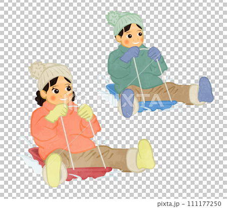 可愛的男孩和女孩玩雪橇的插圖集 03 111177250