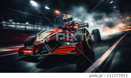 A driver in gear and helmet drives a racing car. Go karts racing, street karting. A driver in gear and helmet drives a racing car. Go karts racing, street karting. 111177653