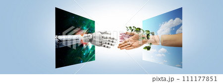 Real and artificial, fantastic words meet. Hands appearing form monitors, human hand shaking 3D model of robotic hand over blue background. Real and artificial, fantastic words meet. Hands appearing form monitors, human hand shaking 3D model of robotic hand over blue background. 111177851