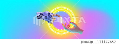 3D model of robotic hand and human hand almost touching, surrounded by a digital aura. Conceptual creative design. Meditation app 3D model of robotic hand and human hand almost touching, surrounded by a digital aura. Conceptual creative design. Meditation app 111177857