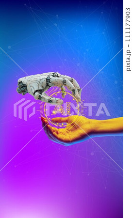 Human-robot cooperation. Promotion for masterclass in AI and machine learning. Conceptual design. Human hand ad 3D model of robotic hand against gradient background. Human-robot cooperation. Promotion for masterclass in AI and machine learning. Conceptual design. Human hand ad 3D model of robotic hand against gradient background. 111177903