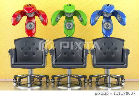 Hydraulic barber chair salons with professional salon standing hair hood dryer infrared lamps in room near the wall, front view. 3D rendering 111178037