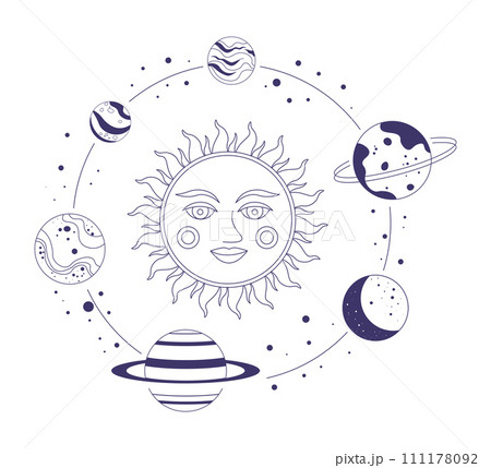 Sun and planets on orbits, magic and mystic signs 111178092