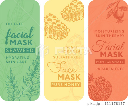 Care for face, facial mask products labels vector 111178137