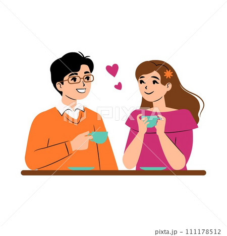 Happy couple in love having tea or coffee 111178512