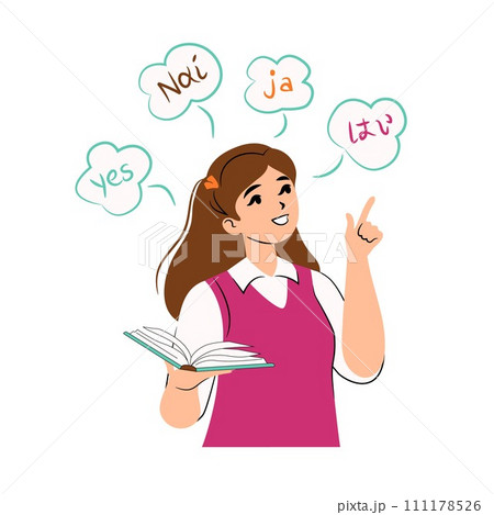 Happy girl learning languages, holding an open book Happy girl learning languages, holding an open book 111178526