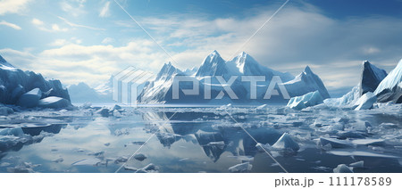 Iceberg reflected in the water. It represents the power of nature. Watching makes one feel impressed, calm, curious. Ideal for using pictures as teaching materials about nature, science or philosophy. 111178589