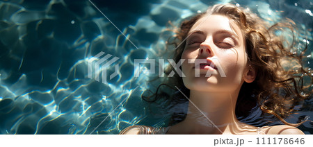 Beautiful woman is in a clear and clean blue swimming pool. She closed her eyes and relaxed. The sun shines on her She is enjoying the summer vacation. This image represents happiness and relaxation. Beautiful woman is in a clear and clean blue swimming pool. She closed her eyes and relaxed. The sun shines on her She is enjoying the summer vacation. This image represents happiness and relaxation. 111178646