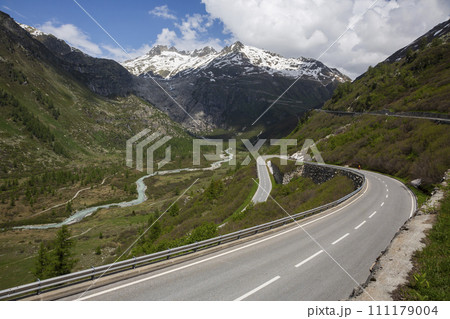 Furka Pass road in the mountains of canton Valais in Switzerland Furka Pass road in the mountains of canton Valais in Switzerland 111179004