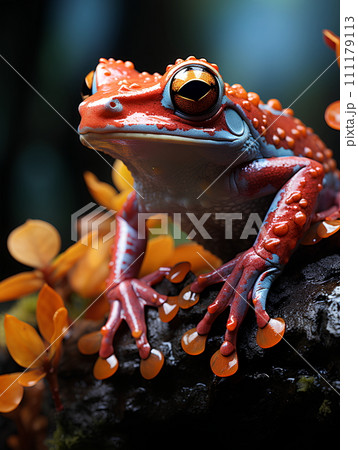 Brightly colored frog with bright red eyes. Perched on a stationary branch, it stands out against dark background. Frogs are brightly colored to warn predators that I am poisonous, so don't eat me. 111179113