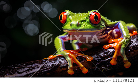 Brightly colored frog with bright red eyes. Perched on a stationary branch, it stands out against dark background. Frogs are brightly colored to warn predators that I am poisonous, so don't eat me. 111179121