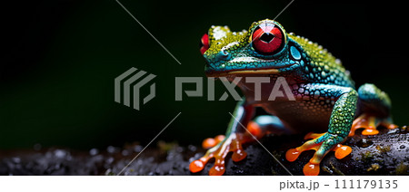 Brightly colored frog with bright red eyes. Perched on a stationary branch, it stands out against dark background. Frogs are brightly colored to warn predators that I am poisonous, so don't eat me. Brightly colored frog with bright red eyes. Perched on a stationary branch, it stands out against dark background. Frogs are brightly colored to warn predators that I am poisonous, so don't eat me. 111179135