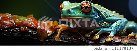 Brightly colored frog with bright red eyes. Perched on a stationary branch, it stands out against dark background. Frogs are brightly colored to warn predators that I am poisonous, so don't eat me. 111179137