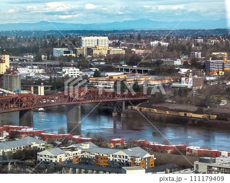 Views of Portland from a high point in the city. View from the window of the Portland City Grill seafood restaurant. 111179409