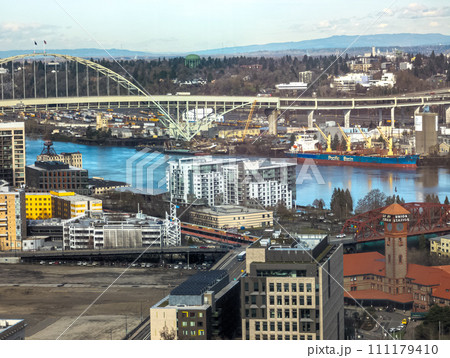 Views of Portland from a high point in the city. View from the window of the Portland City Grill seafood restaurant. 111179410