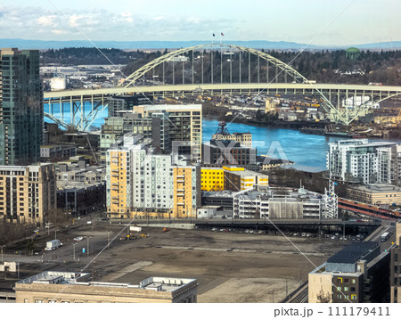 Views of Portland from a high point in the city. View from the window of the Portland City Grill seafood restaurant. Views of Portland from a high point in the city. View from the window of the Portland City Grill seafood restaurant. 111179411