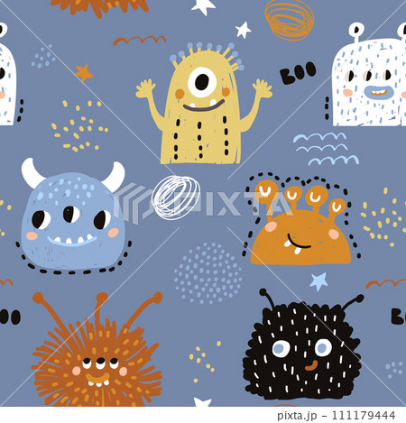 Childish seamless pattern with creative hand drawn monsters. 111179444