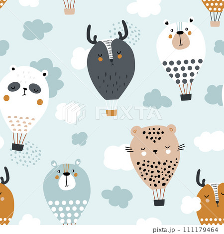 Seamless pattern with funny animals hot air balloons. 111179464