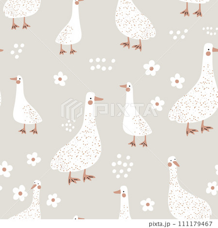 Seamless childish pattern with cute gooses on the meadow. Seamless childish pattern with cute gooses on the meadow. 111179467
