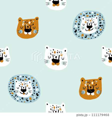 Seamless pattern with hand drawn cheetah heads. 111179468