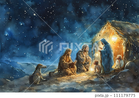 Watercolor painting the time of Jesus' birth. The atmosphere is full of happiness. Can be used for various uses such as Christmas gifts, home decoration, educational purposes or used for conservation. 111179775