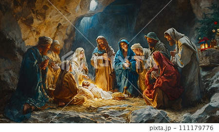 Watercolor painting the time of Jesus' birth. The atmosphere is full of happiness. Can be used for various uses such as Christmas gifts, home decoration, educational purposes or used for conservation. 111179776