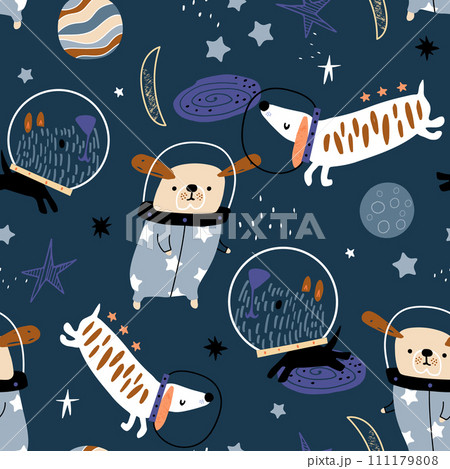 Seamless childish pattern with funny dogs astronauts. Space texture with cute pets. Vector illustration 111179808