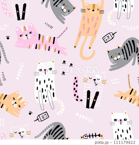 Seamless pattern with cute hand drawn cats. Creative cartoon kittens texture. Vector illustration Seamless pattern with cute hand drawn cats. Creative cartoon kittens texture. Vector illustration 111179822