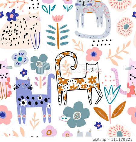 Seamless childish pattern with floral cute hand drawn cats. Creative kids hand drawn texture for fabric, wrapping, textile, wallpaper, apparel. Vector illustration 111179825