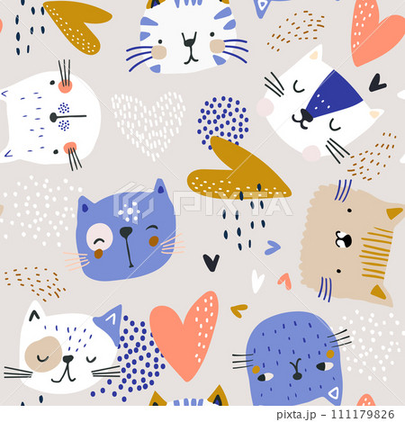 Seamless pattern with hand drawn cat faces and hearts. Creative cats texture. Vector illustration 111179826