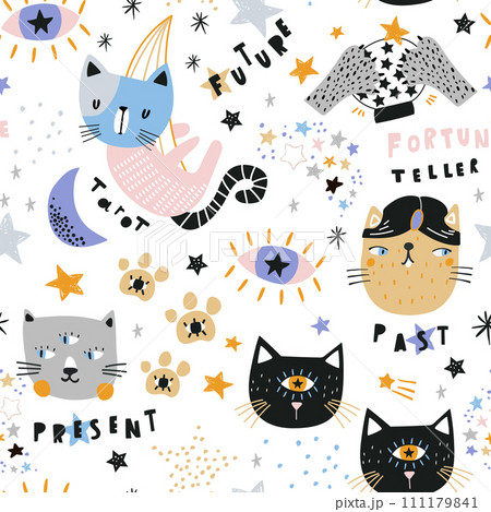 Cartoon cats fortune tellers kids texture. Funny cats seamless pattern. Perfect for kids fabric, wallpaper. Vector illustration Cartoon cats fortune tellers kids texture. Funny cats seamless pattern. Perfect for kids fabric, wallpaper. Vector illustration 111179841