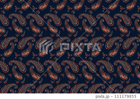 Seamless pattern based on ornament paisley Bandana Print. Vector ornament paisley Bandana Print. Silk neck scarf or kerchief square pattern design style, best motive for print on fabric or paper. 111179855