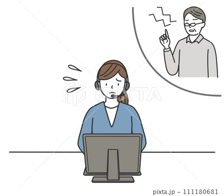 シニア男性のクレームを受けるコールセンターの女性 シニア男性のクレームを受けるコールセンターの女性 111180681