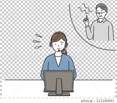 シニア男性のクレームを受けるコールセンターの女性 シニア男性のクレームを受けるコールセンターの女性 111180681