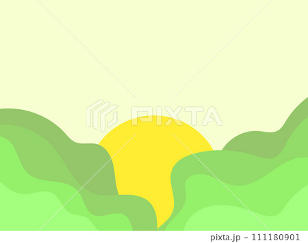 Wavy landscape with green hills and the sun on the horizon. Dawn with green meadows in a minimalist style. Design for posters, prints and banners. Vector illustration 111180901
