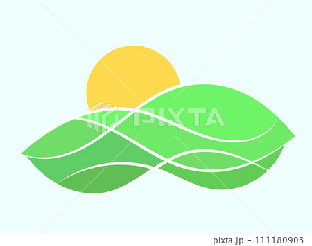 Wavy landscape with green hills and the sun. Dawn with green meadows in a minimalist style. Dawn over green fields. Design for posters, prints and banners. Vector illustration Wavy landscape with green hills and the sun. Dawn with green meadows in a minimalist style. Dawn over green fields. Design for posters, prints and banners. Vector illustration 111180903