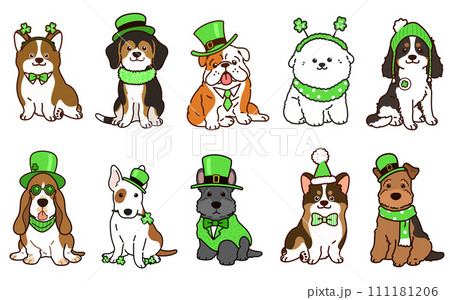 聖パトリックの祝日のシンプルで可愛い犬のイラストセット　主線あり 111181206