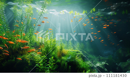 【AI生成画像・AIイラスト】金魚と水草【水中・アクアリウム】 111181430