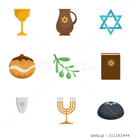 Judaism religion icon set. Flat set of 9 judaism religion vector icons for web design 111181444