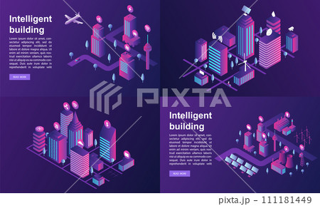 Intelligent building banner set. Isometric set of intelligent building vector banner for web design Intelligent building banner set. Isometric set of intelligent building vector banner for web design 111181449