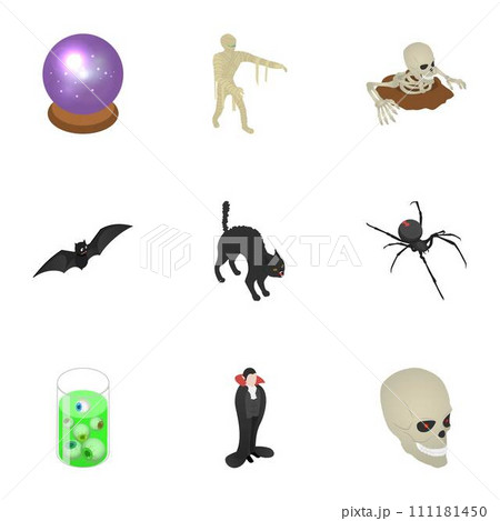 Scary halloween icon set. Isometric set of scary halloween vector icons for web design isolated on white background Scary halloween icon set. Isometric set of scary halloween vector icons for web design isolated on white background 111181450