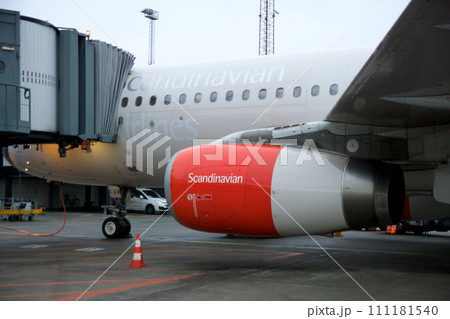 COPENHAGEN, DENMARK - NOV 24, 2018: Airbus A320 from SAS Scandinavian Airlines at the gate close-up photo of the red engine 111181540