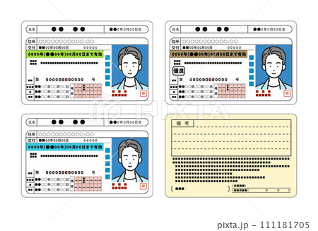 運転免許証(男性)の表面と裏面セット（ゴールド・グリーン・ブルー）のイラスト素材 [111181705] - PIXTA