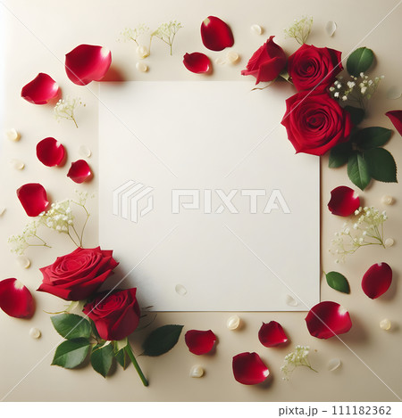 Valentine's day background with frame, hearts and flowers. Flowers composition. Frame made of red rose flowers, petals, notebook and pen on beige background. Flat lay, top view, copy space   111182362