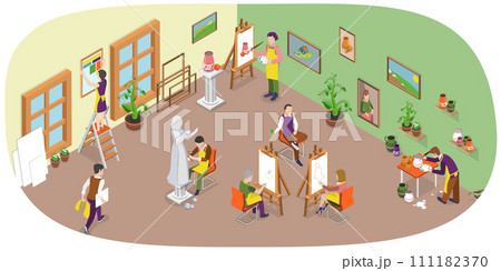 3D Isometric Flat  Conceptual Illustration of Art Studio 111182370