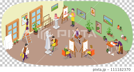 3D Isometric Flat  Conceptual Illustration of Art Studio 111182370