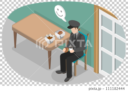 3D Isometric Flat  Conceptual Illustration of Security Guard Having Lunch 111182444