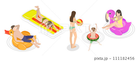 3D Isometric Flat  Conceptual Illustration of Summer Pool Activities 111182456