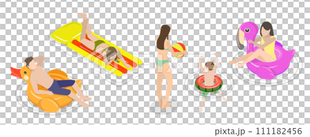 3D Isometric Flat  Conceptual Illustration of Summer Pool Activities 111182456