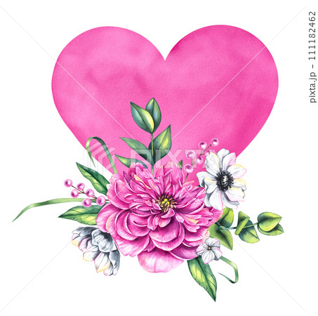 Watercolor heart for Valentines Day with bouquets of flowers isolated 111182462